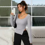 Slim Fit Long Sleeve U Neck T Shirt Asymmetrical Design Cut Out Detail Short Length Casual Wear