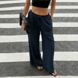 Womens Cotton Linen Wide Leg Pants Loose Fit Lightweight Pocketed Summer Beach Casual Trousers W
