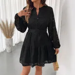Elegant Black Jacquard Dress Round Neck Long Sleeve Spring Fall Style Perfect for Casual or Form