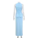 Sleeveless High Neck Bodycon Dress Elegant Solid Color Pleated Design Slim Fit Perfect for Parti