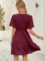 V Neck Ruffled Sleeve Dress Waist Tie Pom Detail Elegant Style Perfect for Parties and Events Re