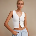 Summer Womens Crop Top Simple V Neck Sleeveless Slim Fit Polyester Casual Wear for Everyday Use