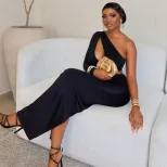 Asymmetrical One Shoulder Dress Hollow Out Bodycon Fit Slit Design Elegant Evening Wear Wholesal