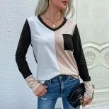 Loose Fit Womens Long Sleeve T Shirt Color Block Design V Neck Comfortable Fabric Casual Wear Wh