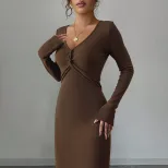 Brown V Neck Midi Dress for Women Twist Front Design Slim Fit Three Quarter Sleeves Spring and A