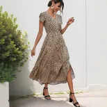 Elegant Leopard Print Maxi Dress with Lace Trim V Neck Flowy Silhouette Versatile Style Perfect