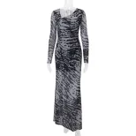 Zebra Print Off Shoulder Long Sleeve Dress Vintage Style Slim Fit Fashionable Design Autumn Coll