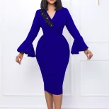Elegant V Neck Bodycon Dress Bell Sleeves Split Hem Autumn Winter Style Wholesale Womens Fashion
