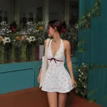 Chic Deep V Backless Cherry Print Dress Sweet and Spicy Style Perfect for Winter Parties Wholesa
