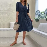 Summer Green Ruched Dress V Neck Tie Detail Fashionable Design Perfect for Casual Outings Wholes
