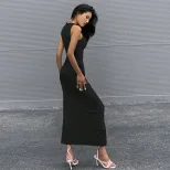 Sleeveless Maxi Dress Round Neck Slim Fit Solid Color Elegant Style Summer Casual Wear Wholesale