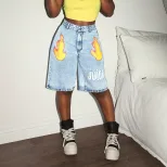 Fashionable Womens Denim Shorts Flame Print Letter Design Casual Style Available for Wholesale