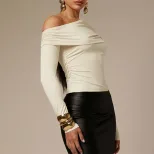 Asymmetrical One Shoulder Long Sleeve T Shirt for Women Slim Fit Ruffled Design Elegant Style Pe