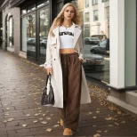Womens Summer Wide Leg Trousers Stretchy Wrinkle Free Elastic Waist Casual Street Style Wholesal