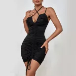 Black Bodycon Dress with Ruched Detail and Adjustable Straps for Women in Multiple Sizes
