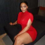 Slim Fit Solid Color Bodycon Dress for Women High Neck Short Sleeve Waist Cinching Fashionable f