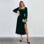 Velvet Long Sleeve Dress Sexy Split Design Waist Cinching Square Neck Puff Sleeves Evening Party