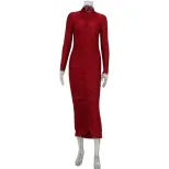 Vintage Red High Neck Long Sleeve Bodycon Maxi Dress for Women Elegant Fit Autumn Winter Style W