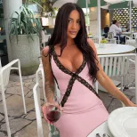 Elegant Womens Summer Dress Lace Trim V Neck Bodycon Fit Perfect for Parties and Special Occasio