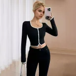 Womens Slim Fit Long Sleeve Crop Top Elegant Stylish Comfortable Perfect for Spring Summer Occas