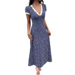 Floral Print Lace Trimmed V Neck Short Sleeve Dress Sweet Vacation Style Ideal for Summer Events