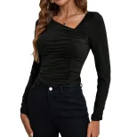 Slim Fit Knitted Long Sleeve T Shirt Asymmetrical Neckline Versatile Style Fashionable Chic Autu