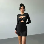 Y2K Party Dress Sexy Hollow Out Long Sleeve Bodycon Fit Solid Color Spring Summer Collection Rea