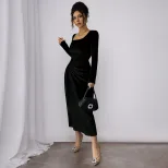 Black Velvet Long Dress Square Neck Side Waist Pleats Slim Fit Spring Summer Elegant for Dates a
