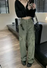 工装阔腿牛仔裤女2023春秋新款高腰大码胖MM宽松显瘦百搭直长裤