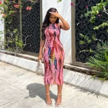 Sleeveless High Neck Bodycon Dress Fashionable Floral Print Mid Length Slim Fit Summer Casual We