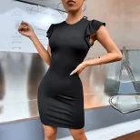 Knit Bodycon Dress Ruffle Sleeve Slim Fit Black Round Neck Evening Wear Party Dress Wholesale Av