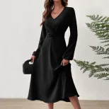 French Style V Neck Midi Dress Elegant A Line Silhouette High Waist Autumn Winter Fashion Wholes
