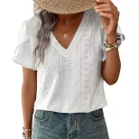 Casual Lace Trim V Neck Blouse Elegant Hollow Out Design Stylish Everyday Wear Wholesale Availab