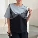 Lace Trimmed Loose Fit T Shirt Short Sleeve Round Neck Casual Style Perfect for Summer Wear Whol