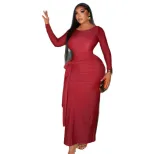 Bodycon Dress Slim Fit Waist Tie Round Neck Long Sleeve Solid Color Cocktail Party or Evening We