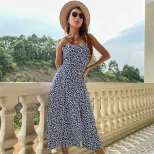 Elegant Floral Print Slip Dress Slim Fit Spaghetti Straps Side Slit Summer Occasion Wholesale Av