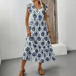 Vintage Inspired Geometric Print Sleeveless Ruffle Dress Unique Design Trendy Style Perfect for
