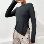 Womens Long Sleeve Solid Color Top Slim Fit Irregular Split Design Spring Summer Casual Wear Who