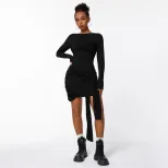 Elegant Womens Dress Unique Design Pleated Waist Defining Slim Fit Autumn Winter Fashion Wholesa