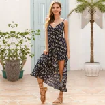 Floral Summer Dress Ruffled Hem Asymmetrical Design Spaghetti Straps Casual Wear for Women Whole