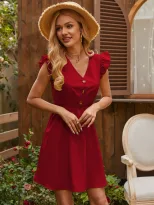 High Waist Sleeveless Dress Ruffle Hem Button Detail Elegant Style Perfect for Summer Events Who