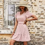 Floral Midi Dress Elegant Sweet Style Pink Color Ruffled Hem V Neck Perfect for Spring Summer Ev