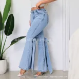 High Waisted Flared Jeans Vintage Style 3D Bow Detail Slim Fit Stretch Fabric Casual Wear Wholes