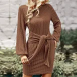 Elegant Womens Dress Spring Summer Slim Fit Waist Tie Bodycon Style Perfect for Casual or Formal