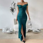 Off Shoulder Ruched Mermaid Dress Slim Fit High Slit Elegant Evening Gown Perfect for Formal Eve