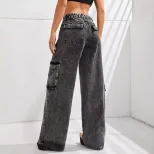 High Waisted Loose Fit Denim Cargo Pants Plus Size Big Pockets Comfortable Fabric Casual Wear fo