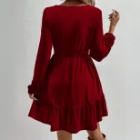 Velvet Long Sleeve Mini Dress Elastic Waist Mid Length Elegant Design Spring Summer Fashion Whol