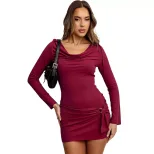 Elegant Wine Red Long Sleeve Bodycon Dress with Ruffled Neckline Chic Design for Spring Summer W