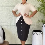 Elegant Round Neck Color Block Bodycon Dress Short Sleeve Fashionable Design Perfect for Parties