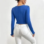 Womens Knit Long Sleeve T Shirt Slim Fit V Neck Asymmetrical Design Exposed Stitching Winter Fas